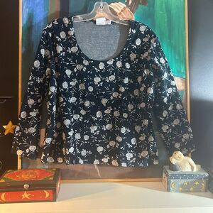 Vintage 80s 90s Velvet Floral Navy and White Top Size L 3/4 Sleeves